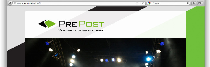 Bildschirmaufnahme der Webseite von PrePost Veranstaltungstechnik